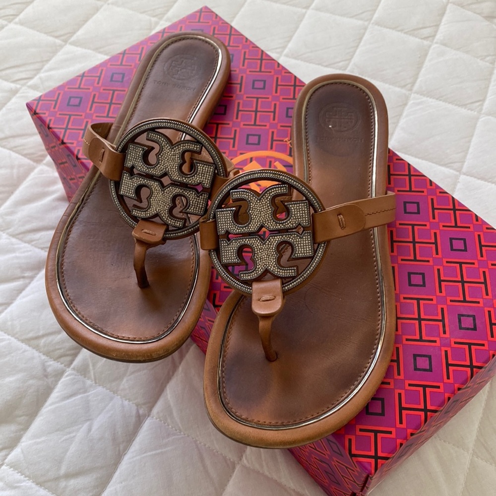 Tory Burch Metal Miller Embellished Sandal in Tan Size 6.5